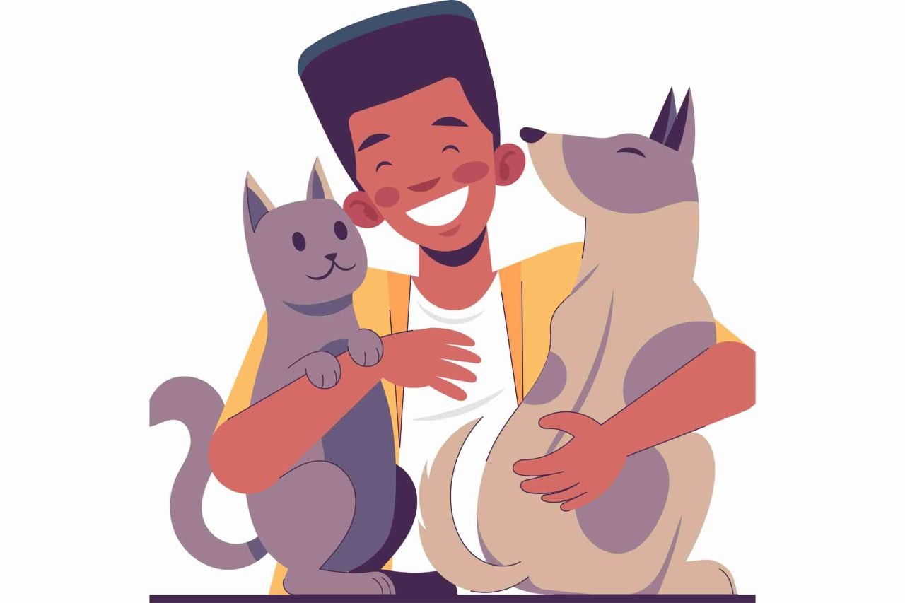 man and his two pets, cat and dog