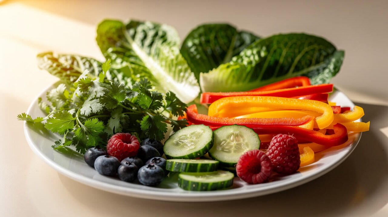 An assortment of rabbit-safe treats: romaine, cilantro, bell pepper, cucumber slices and a few berries
