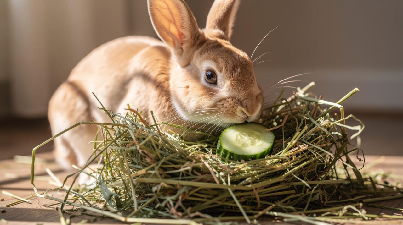 A domestic rabbit foraging for a cucumber slice tucked into a pile of fresh hay