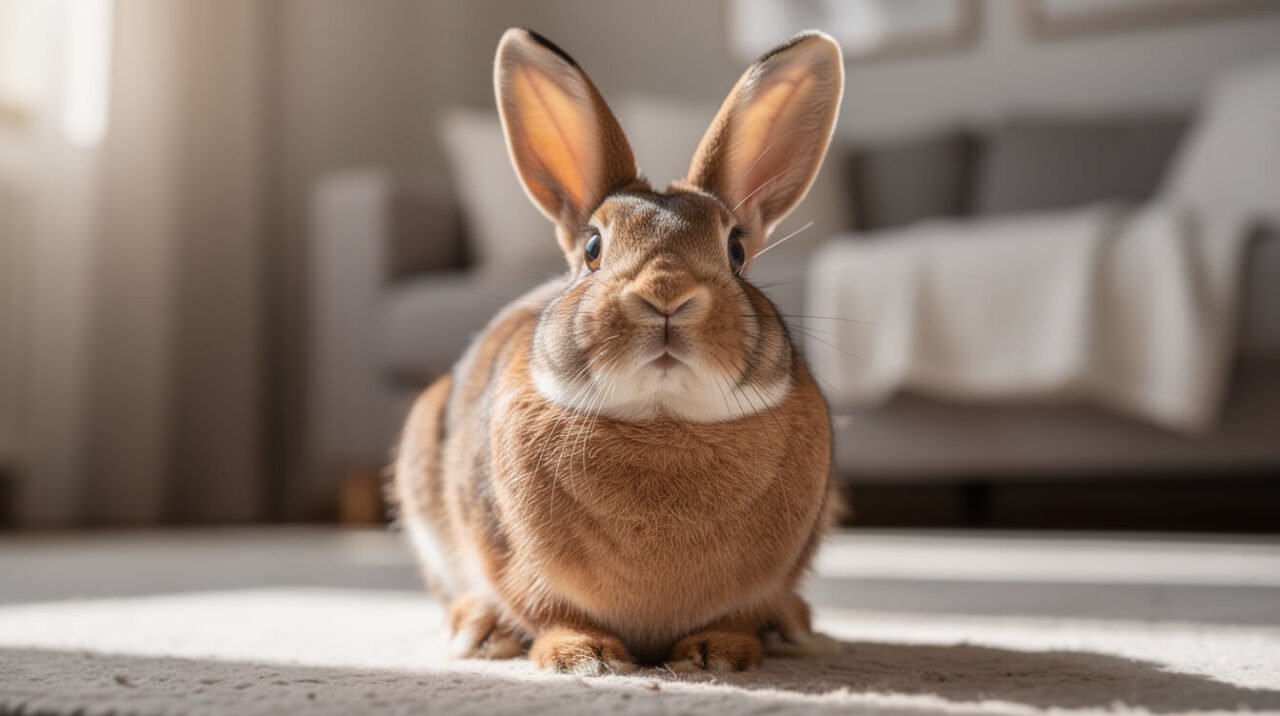 A domestic rabbit looking up attentively with an inquisitive expression