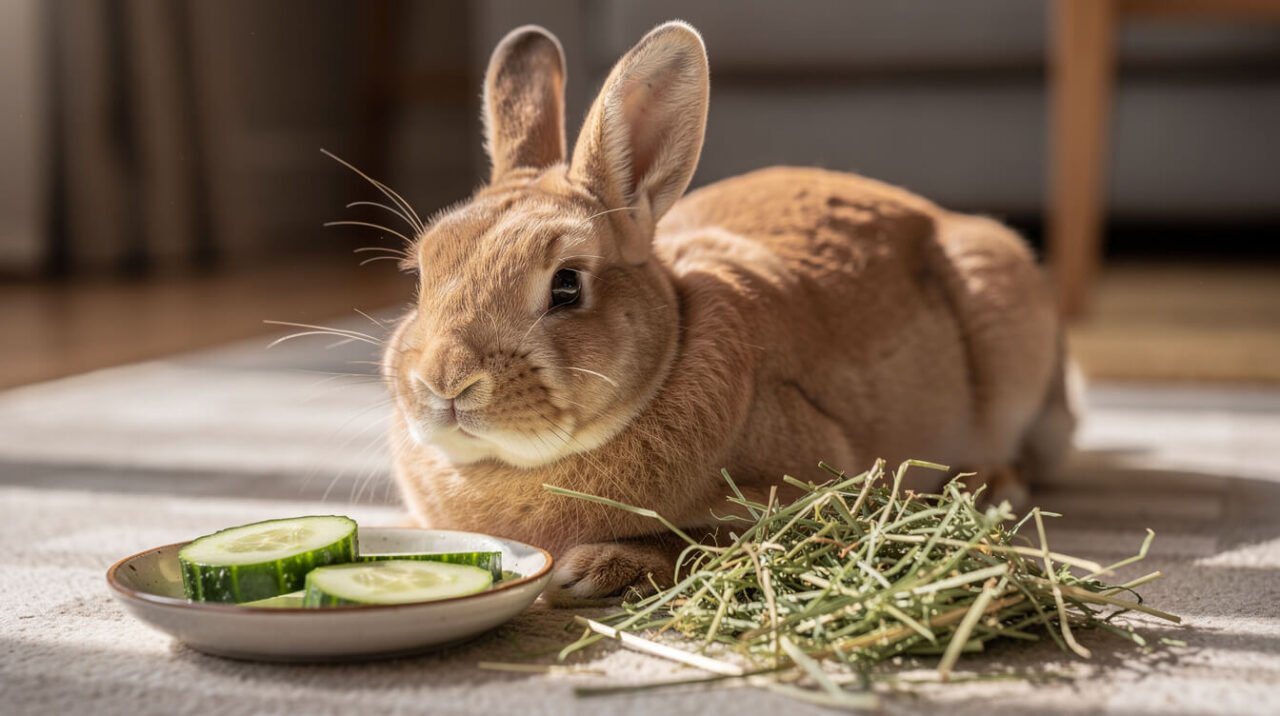A content healthy domestic rabbit relaxing beside a small dish of cucumber slices and fresh hay