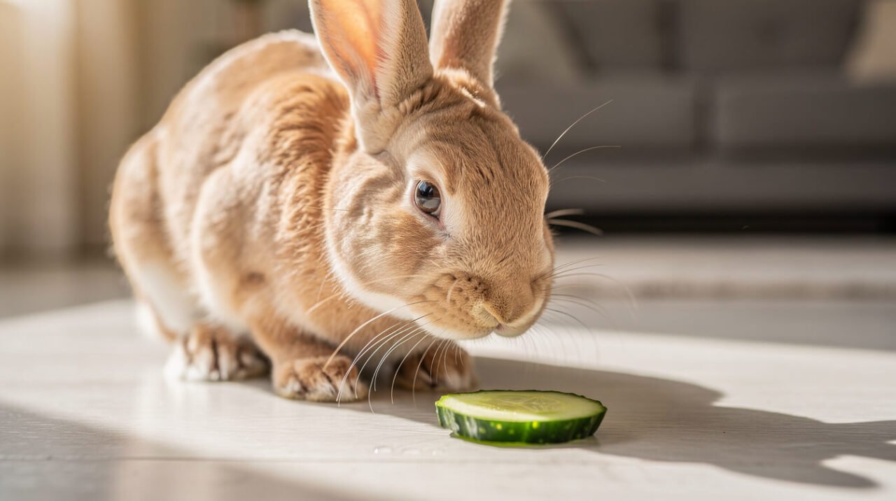 A curious domestic rabbit sniffing a single thin cucumber slice for the first time