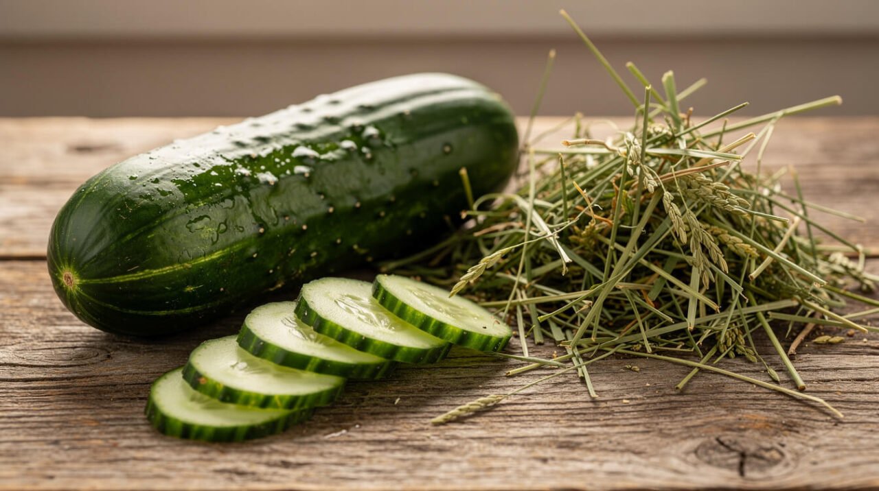 Fresh cucumber and cucumber slices beside a small pile of timothy hay