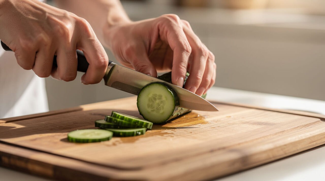 A person cutting a fresh cucumber into thin round slices for a small pet
