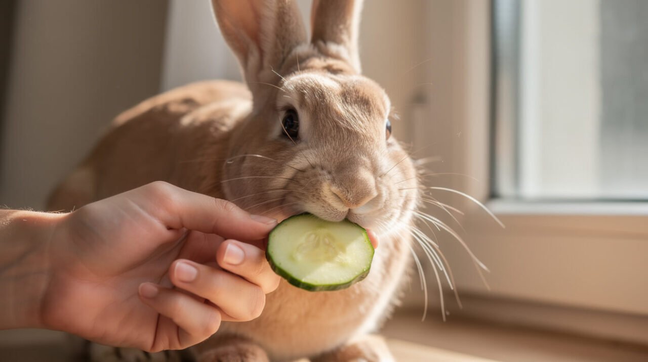 A domestic rabbit nibbling a thin slice of fresh cucumber held in a person's hand
