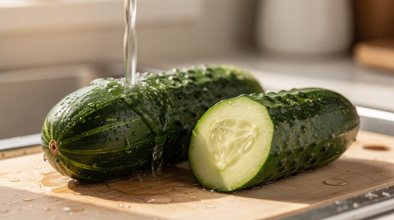 A cucumber being washed under running water with a halved cucumber showing skin and soft seeds