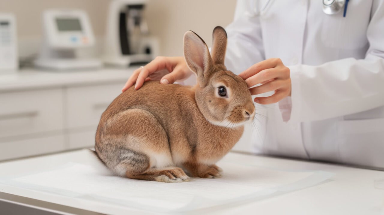 A veterinarian gently examining a calm domestic rabbit on a clinic table