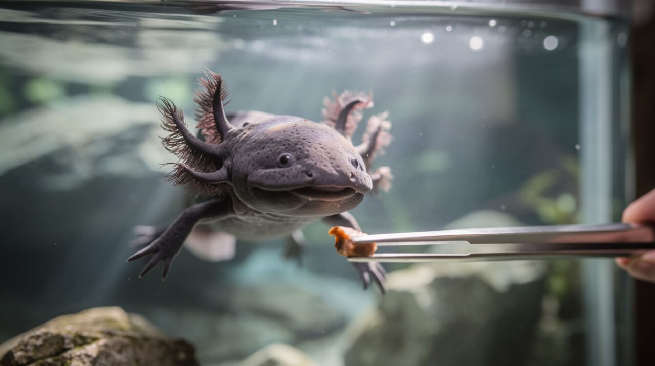 axolotl being fed with feeding tongs