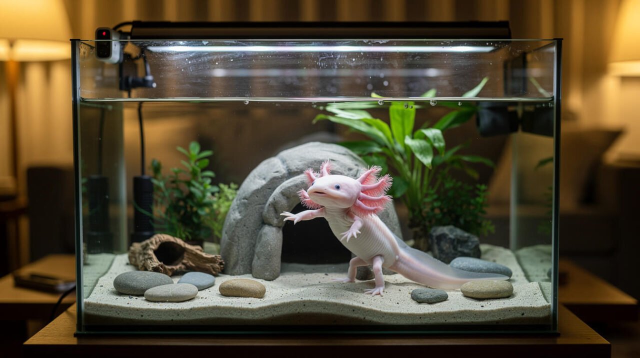 keeper's axolotl tank at dusk