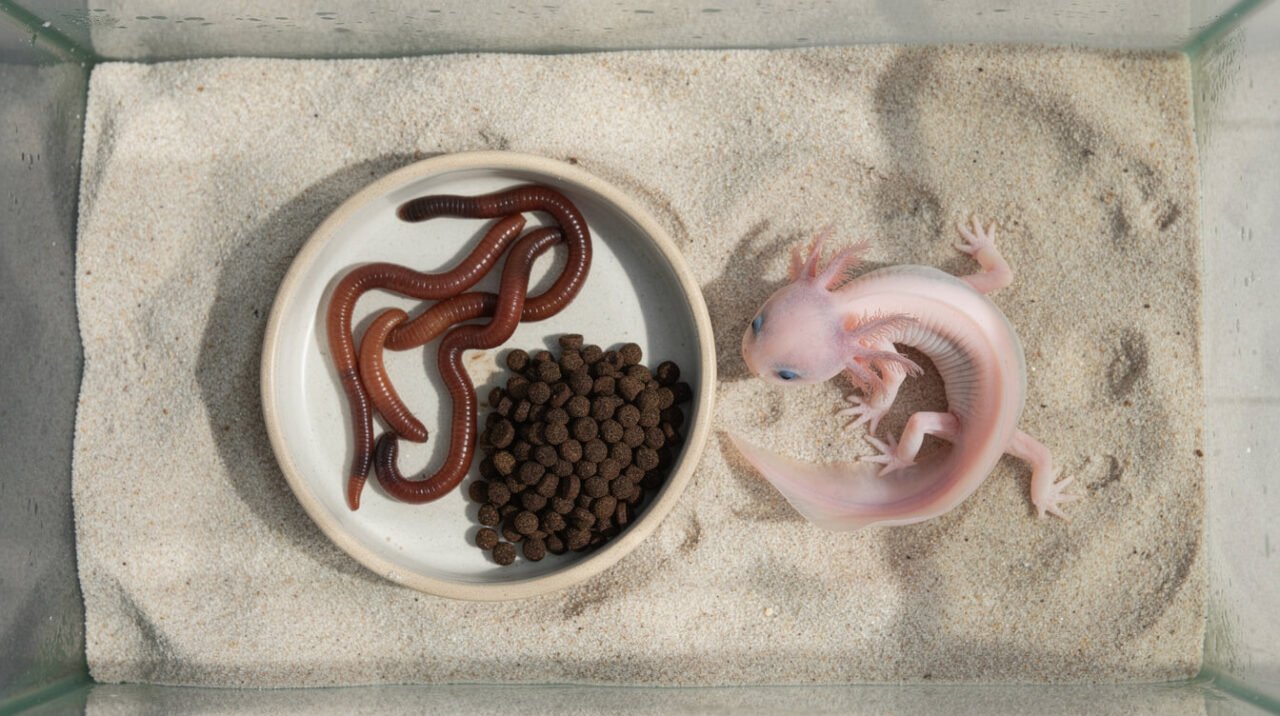 earthworms and sinking pellets for axolotl diet