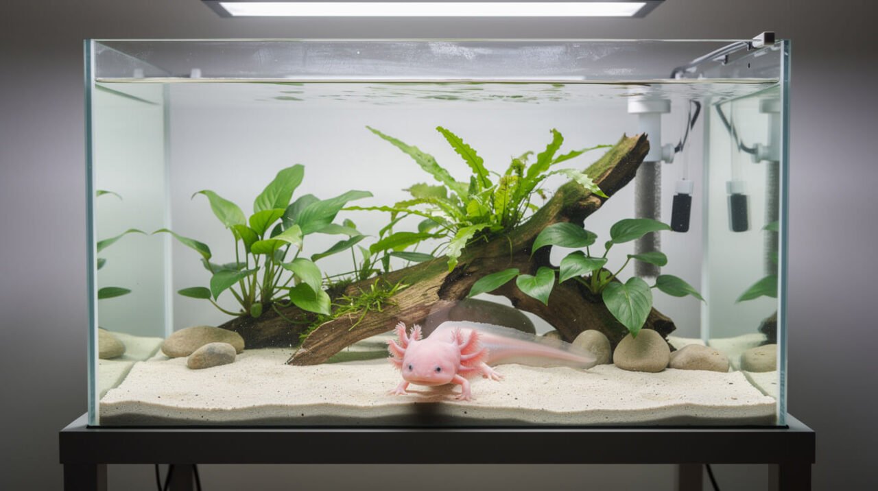 healthy axolotl tank setup with sponge filter and sand substrate