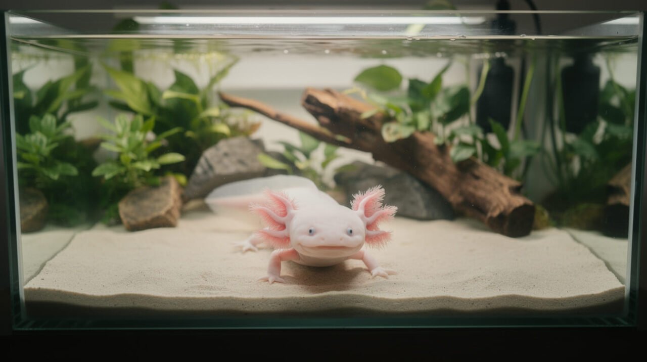 axolotl housed alone in a spacious planted aquarium