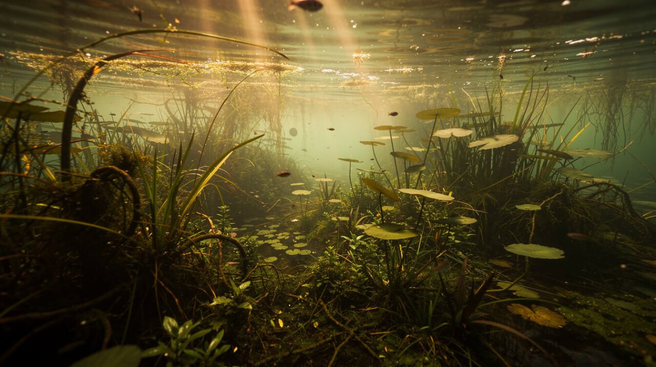 wild axolotl habitat in a Xochimilco-style freshwater canal