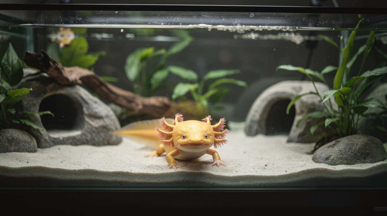 axolotl resting alone in a well-decorated tank