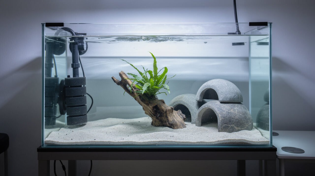 axolotl tank setup with sand substrate and sponge filter