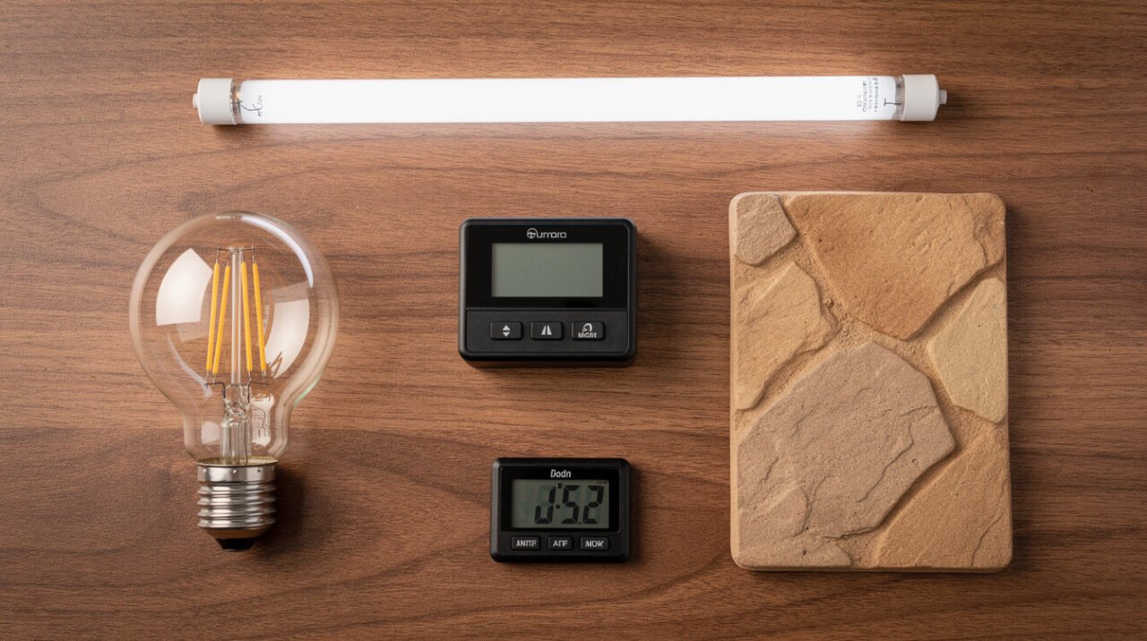 flat lay of bearded dragon habitat essentials including UVB light, basking bulb, thermostat and substrate