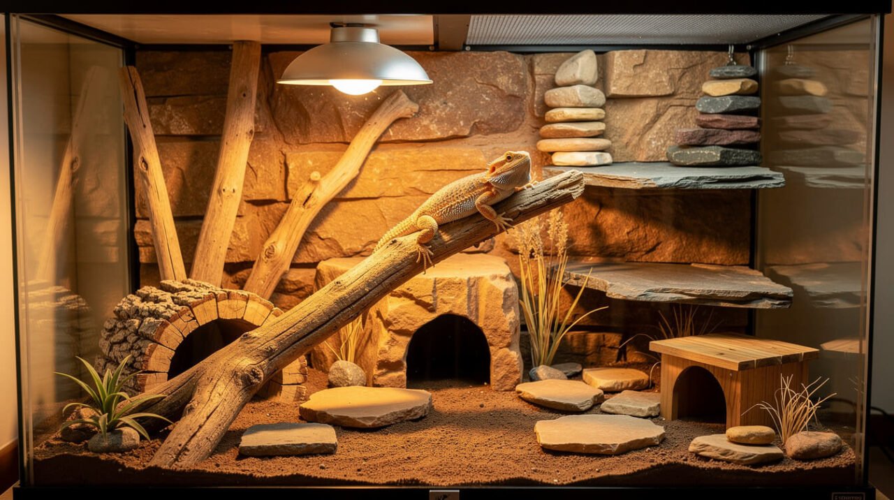 fully decorated bearded dragon enclosure with basking branch, hides, and vertical climbing space