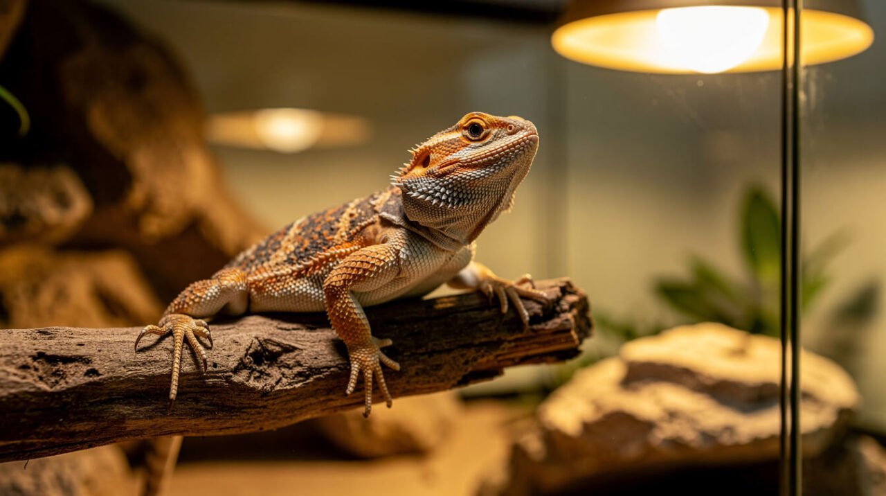 adult bearded dragon basking comfortably in a spacious naturalistic enclosure