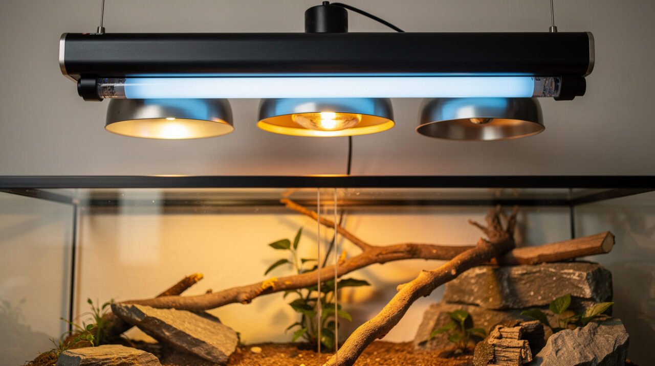 UVB and basking lamp fixtures mounted above a bearded dragon enclosure