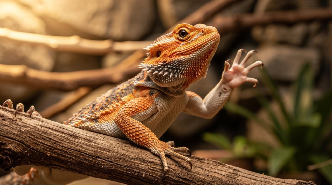 bearded dragon raising an arm in the wave gesture on a branch