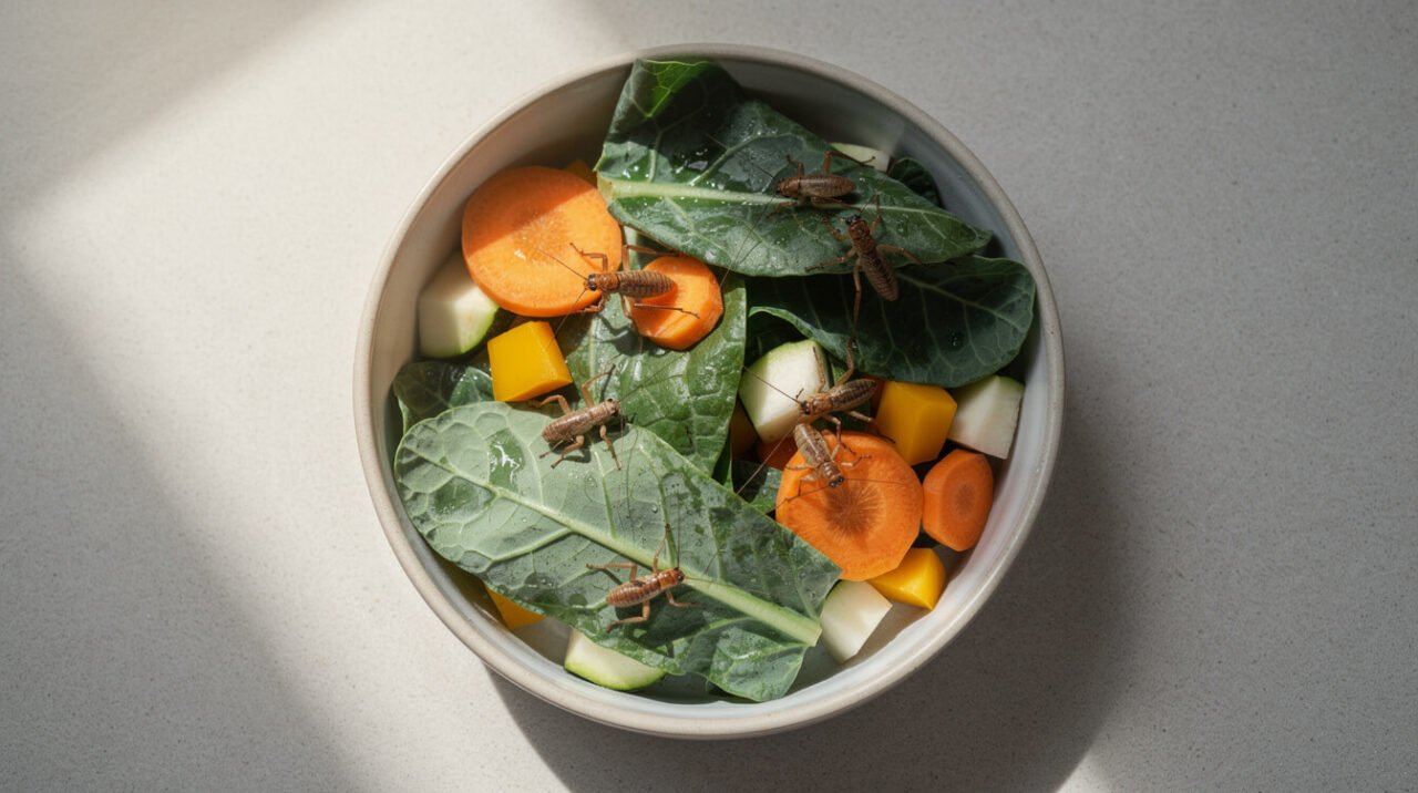 fresh collard greens, chopped vegetables, and feeder insects for a bearded dragon