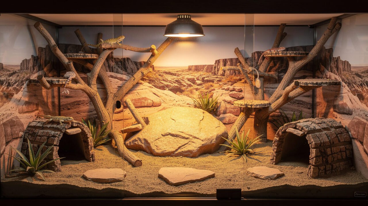 naturalistic bearded dragon terrarium with basking rock and hides