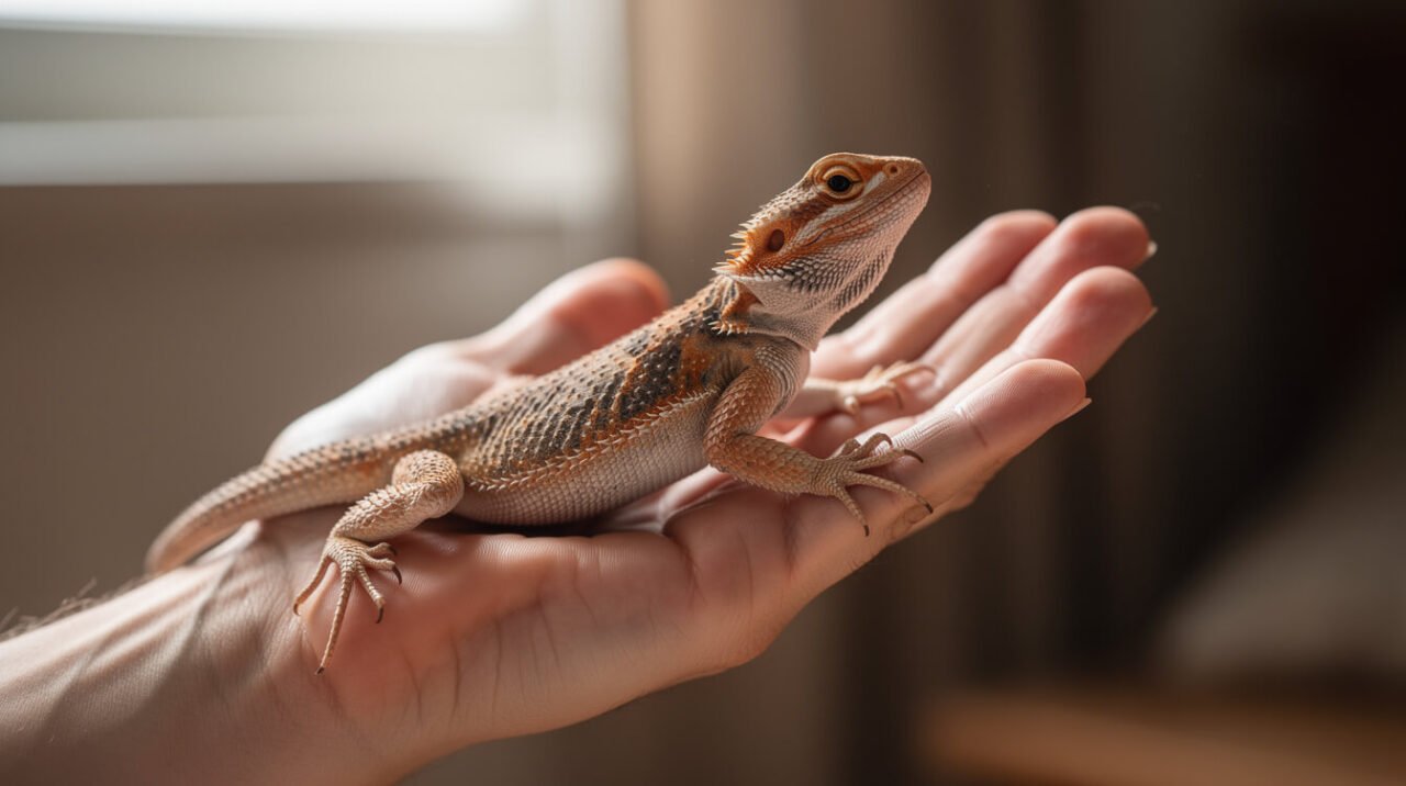 bearded dragon resting calmly on a person's open palm during handling