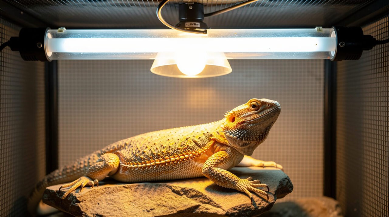 bearded dragon basking under a heat lamp and UVB light fixture