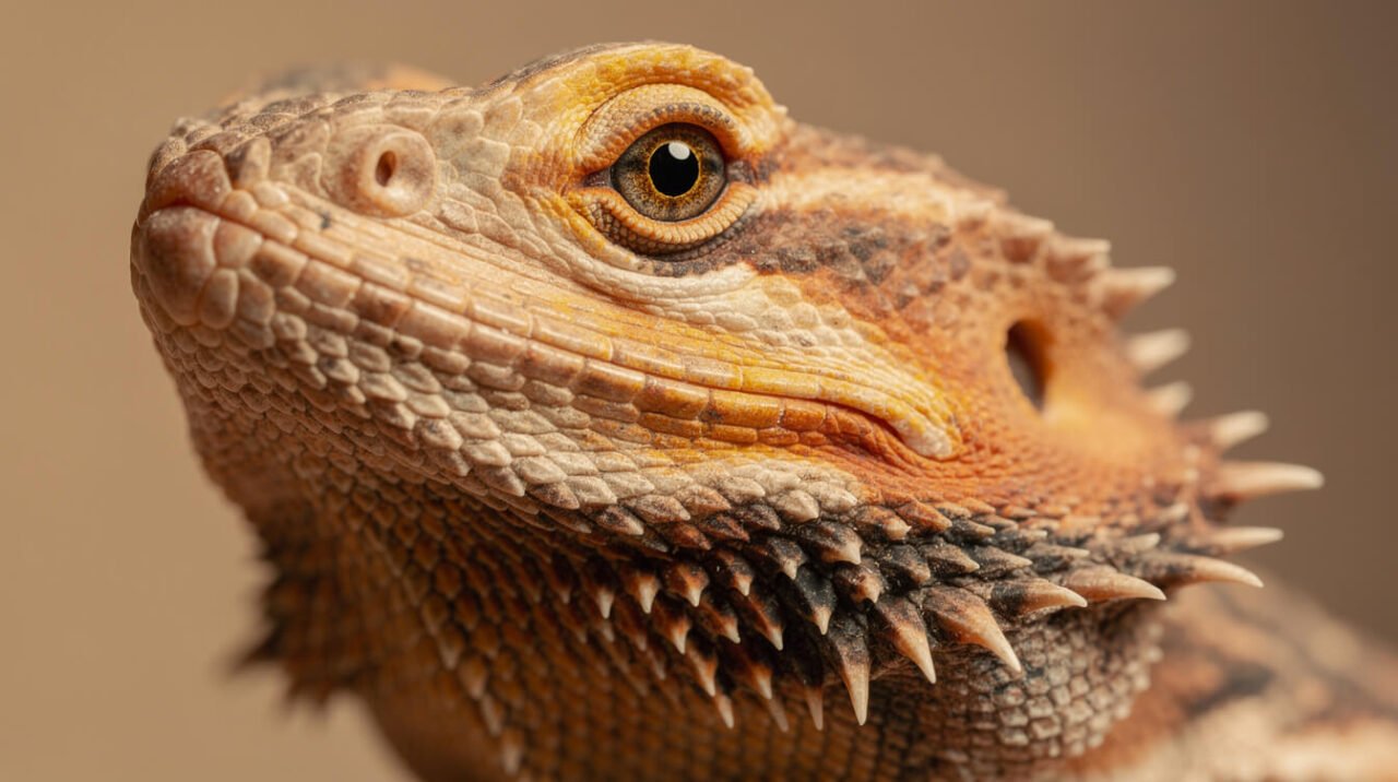 close-up of a bearded dragon showing its spiky beard and alert eye