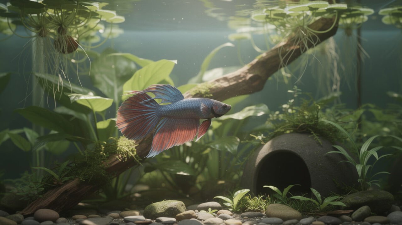 Betta fish exploring a densely planted aquarium with live plants and a cave hide