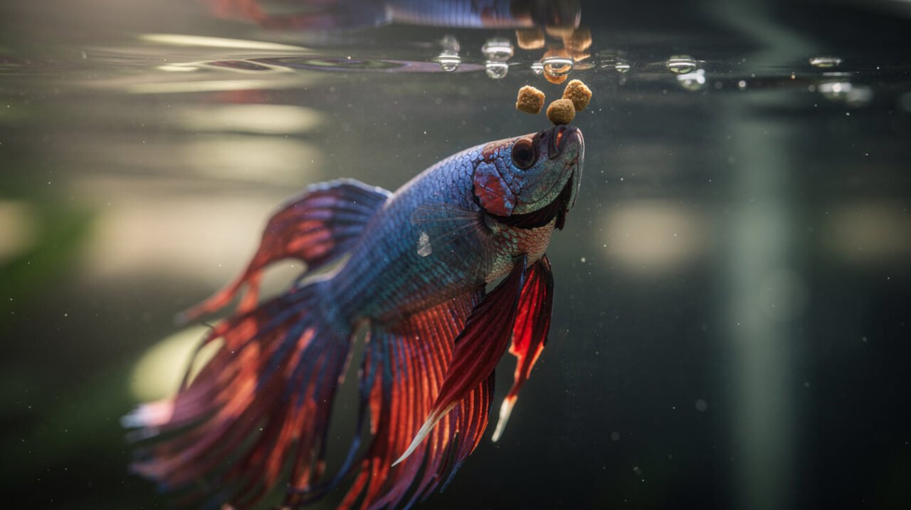 Betta fish feeding on high-quality pellets at the water surface