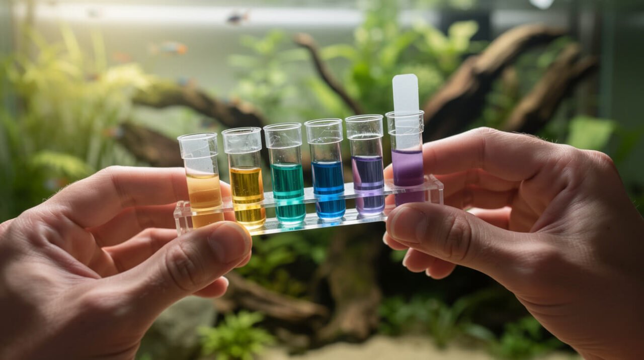 Aquarium water testing kit measuring ammonia and nitrite during fishless cycling