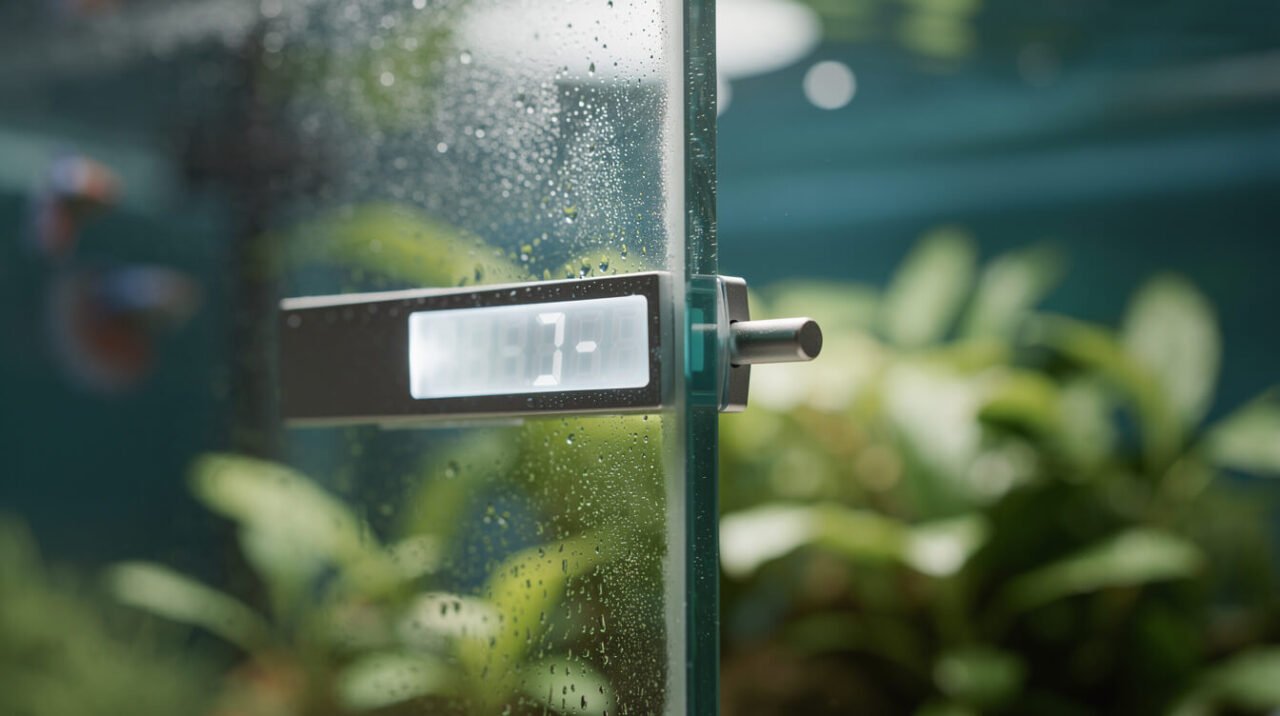 Digital aquarium thermometer showing stable tropical water temperature for a betta fish tank