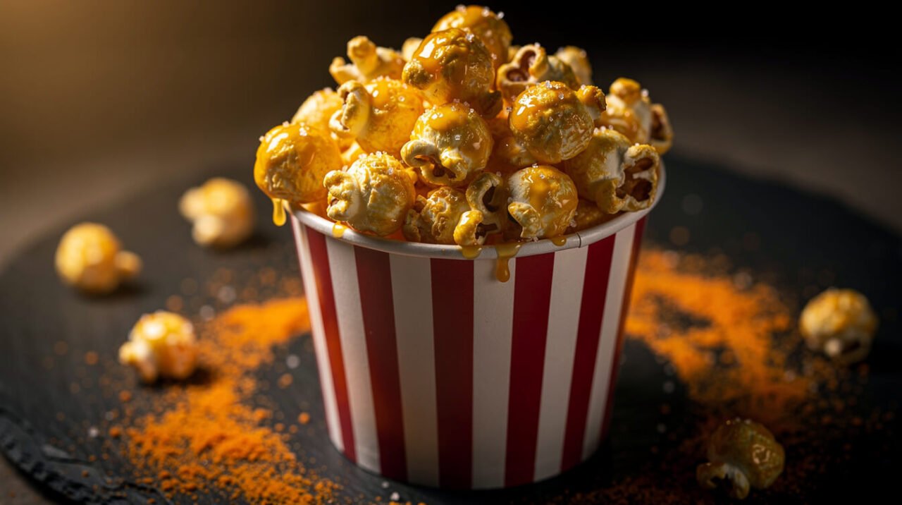 Buttered and salted movie popcorn in a striped tub with scattered salt and cheese powder