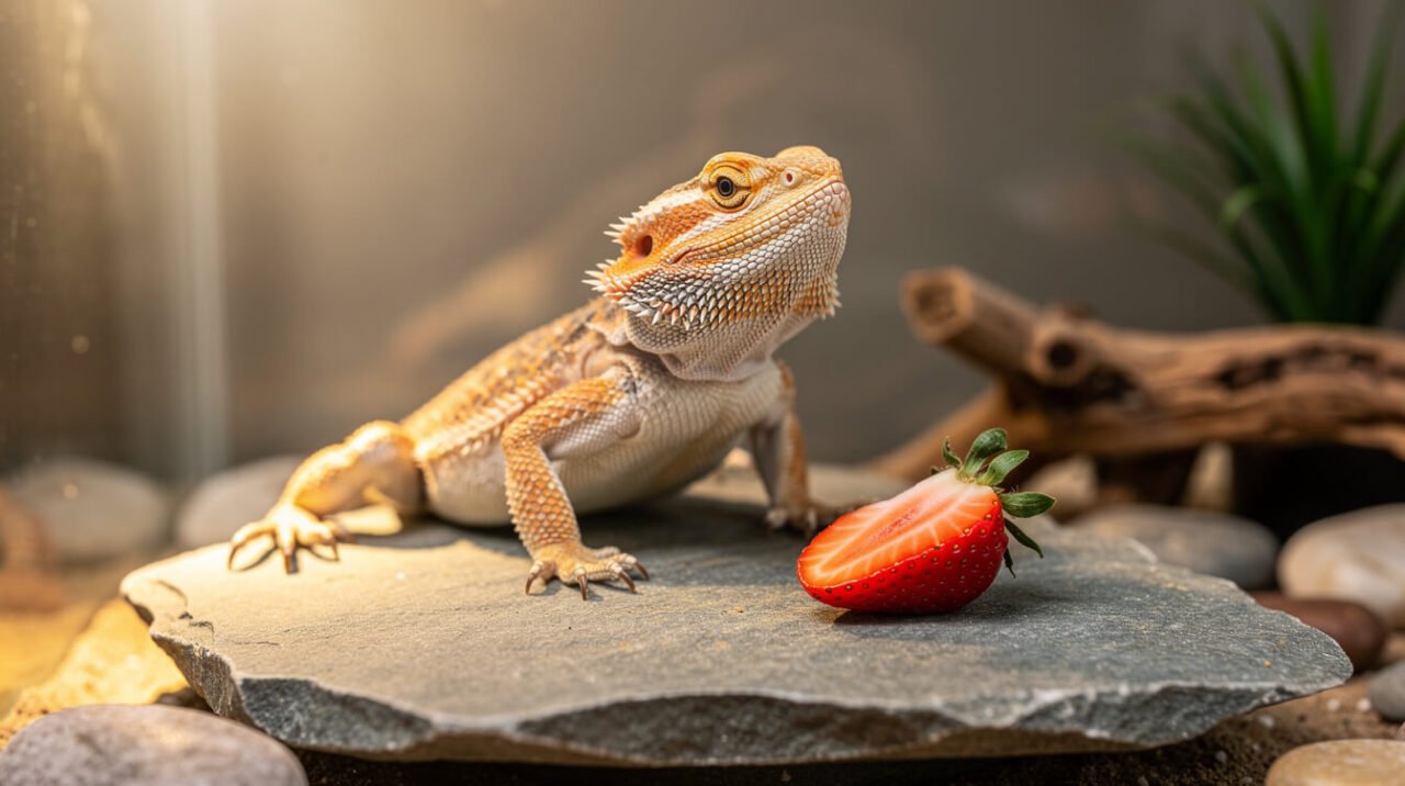 A bearded dragon looking curiously at a small strawberry slice in its terrarium