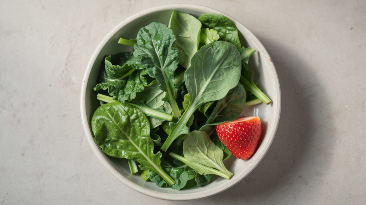 A bearded dragon's feeding dish with leafy greens and a small piece of strawberry