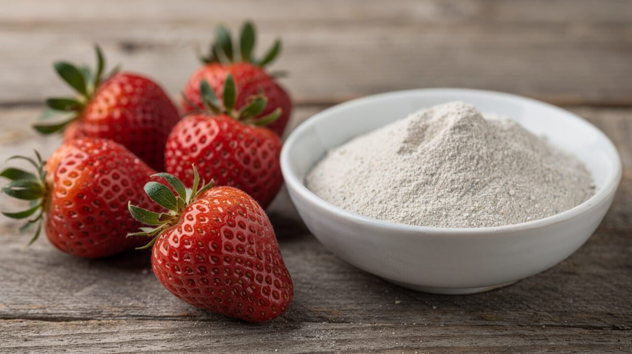 Fresh strawberries next to a bowl of reptile calcium supplement powder