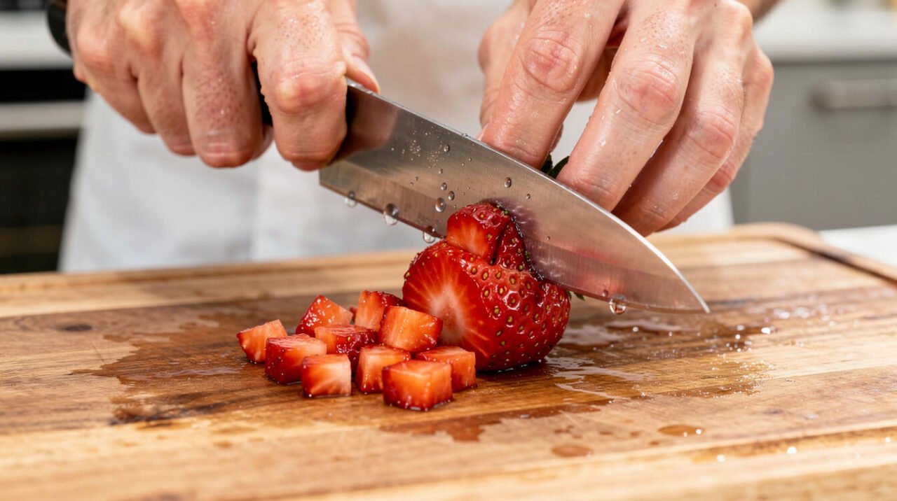 Washing and slicing a fresh strawberry into small pieces for a bearded dragon