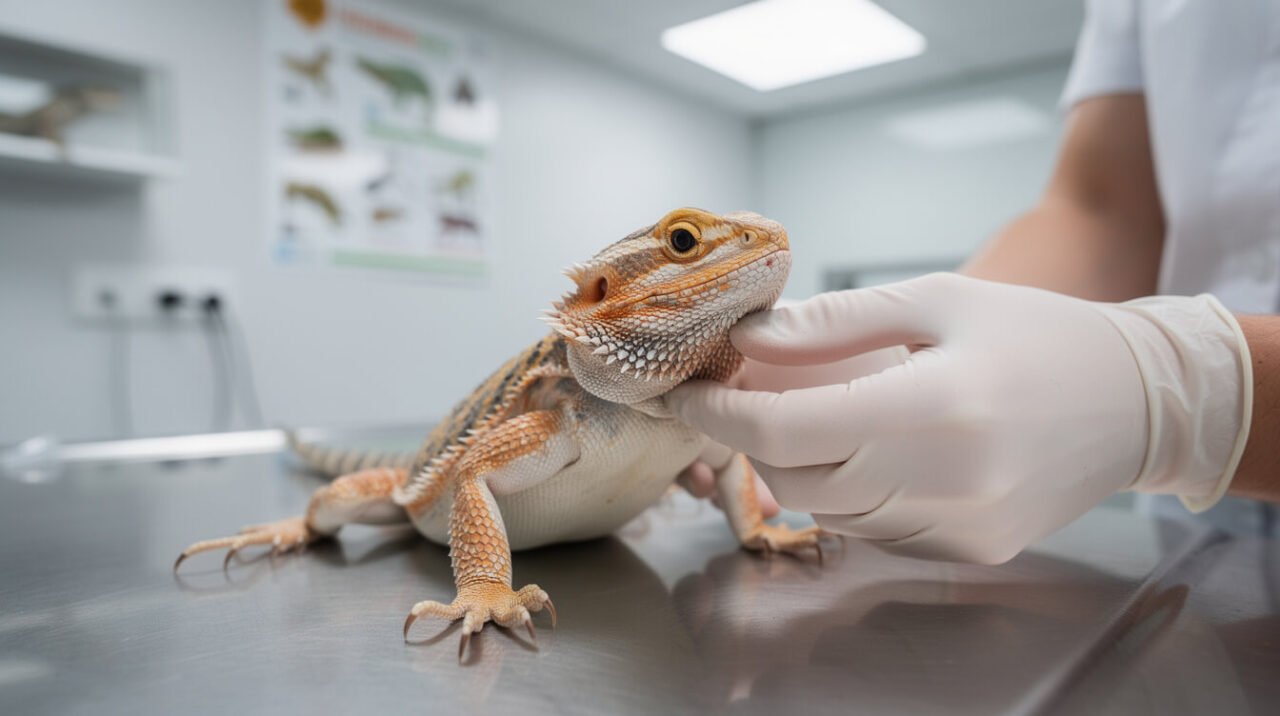 A veterinarian gently examining a bearded dragon on an exam table