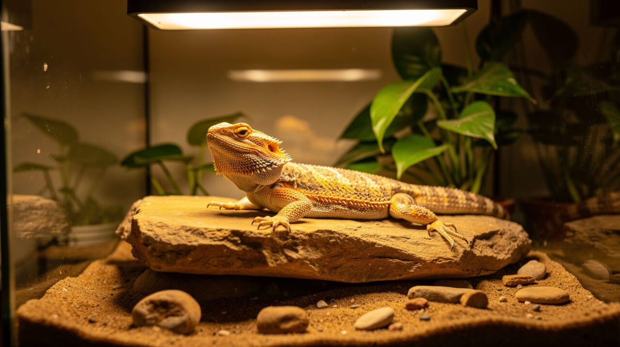 A bearded dragon basking under UVB terrarium lighting