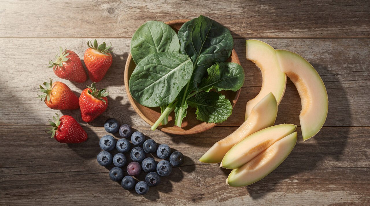 An assortment of bearded dragon safe treats including strawberries, blueberries, melon, and leafy greens