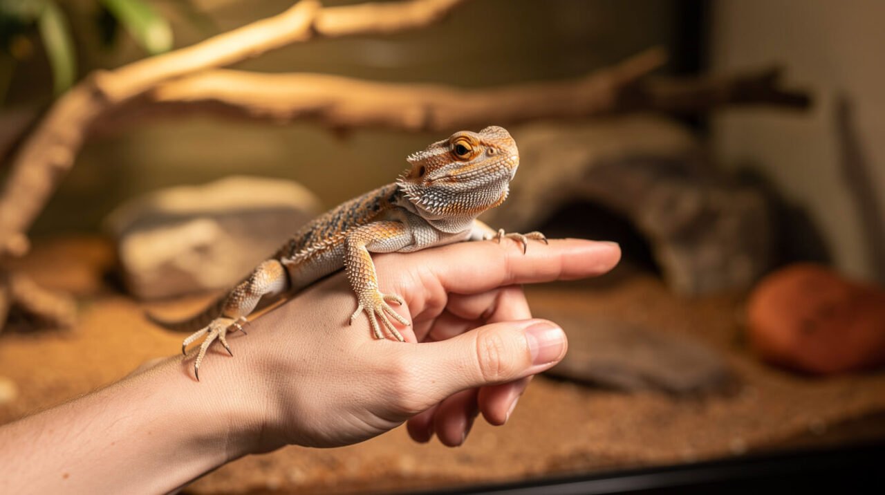 A curious young bearded dragon perched on a keeper's hand