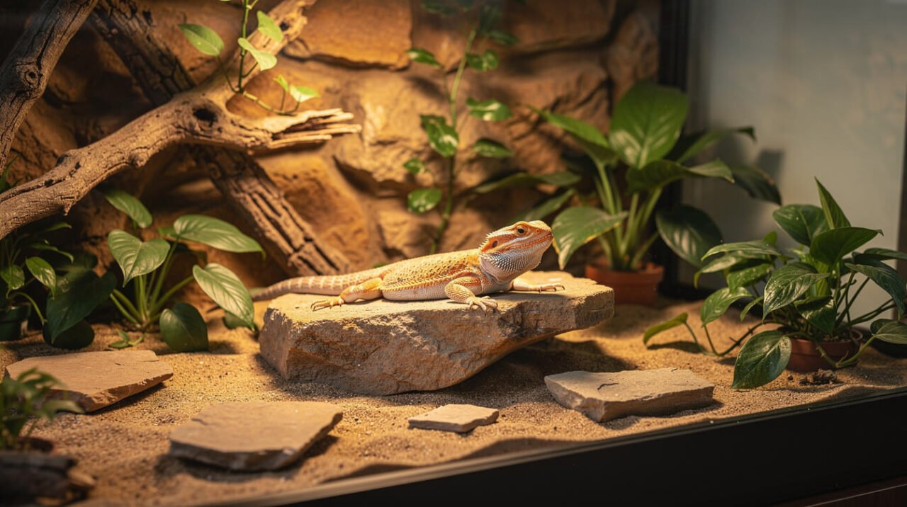 A healthy bearded dragon resting on a basking rock in a naturalistic terrarium