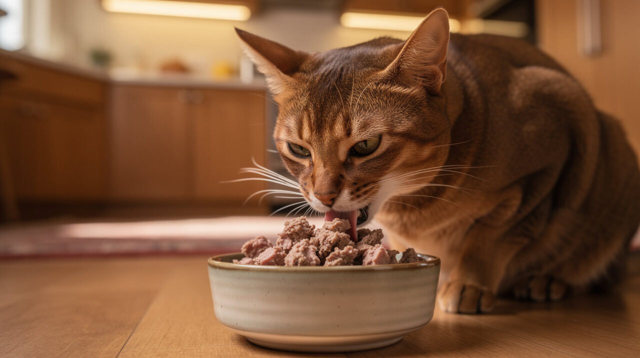 cat eating meat-based food from a bowl, illustrating an obligate carnivore diet