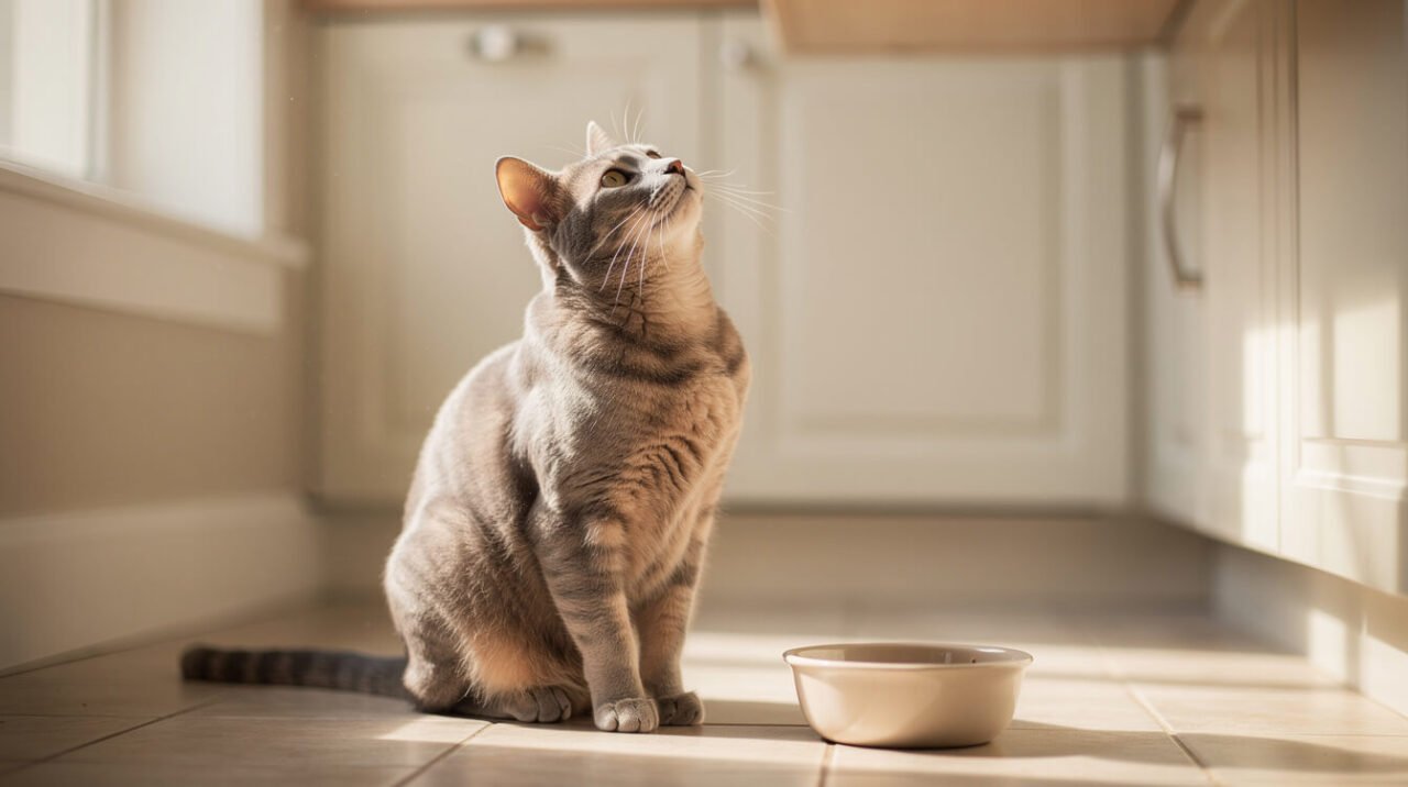 relaxed cat sitting near its food bowl in a bright kitchen