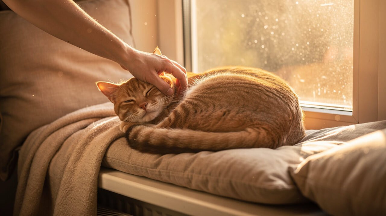person gently petting a healthy cat curled up on a sunny windowsill