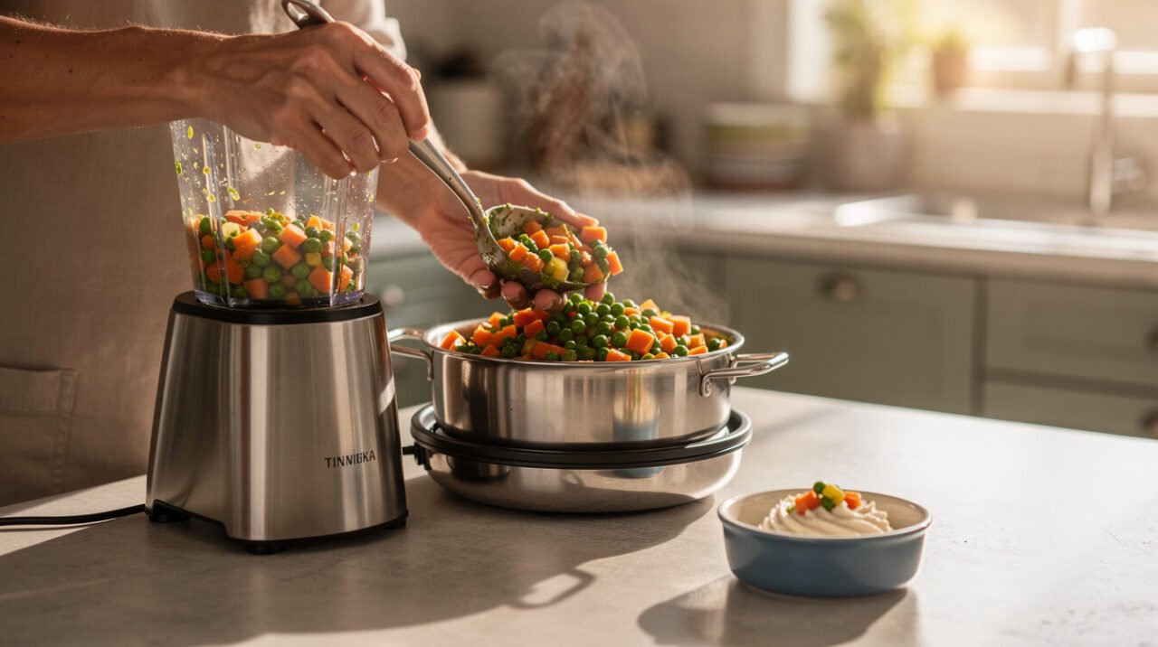 hands steaming and preparing a small portion of vegetables in a home kitchen