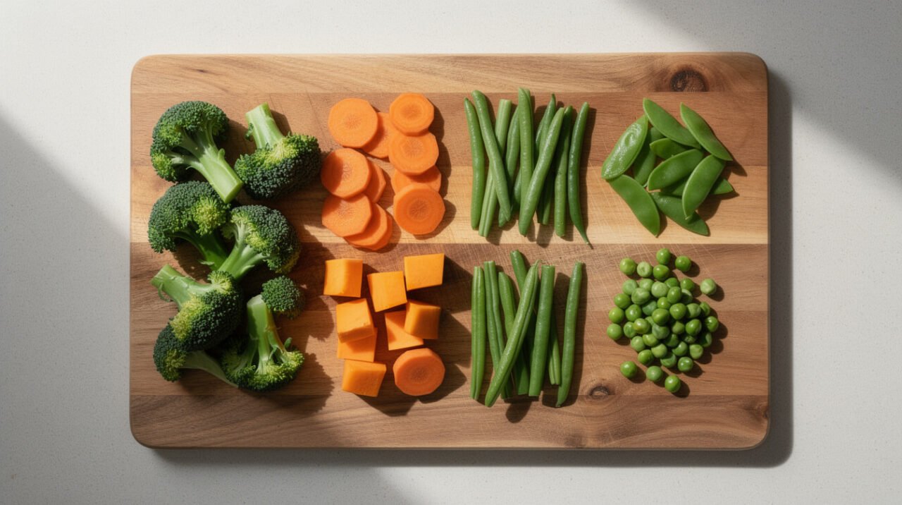 assortment of cat-safe vegetables including broccoli, carrots, pumpkin, and green beans on a cutting board