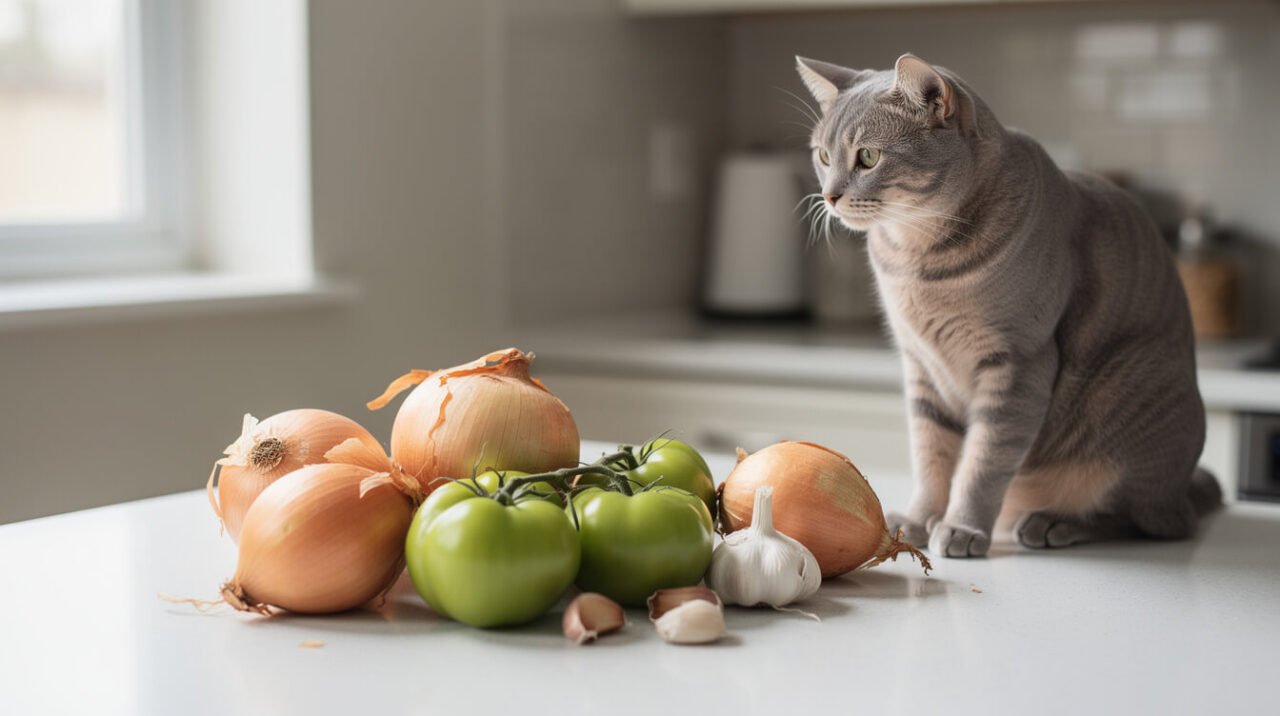 onions, garlic, and green tomatoes on a kitchen counter with a cat observing from a safe distance