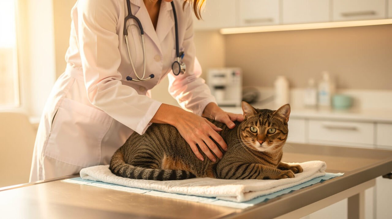 veterinarian gently examining a calm cat during a checkup